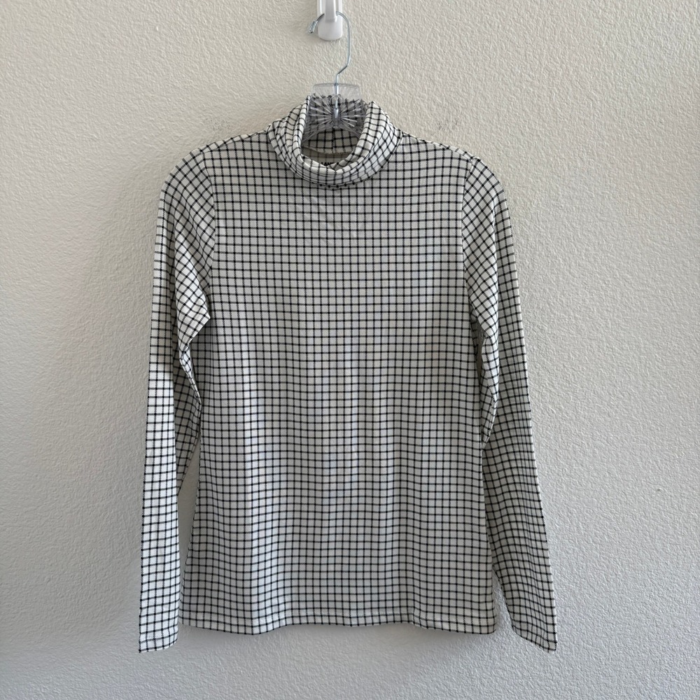 Lands End Women's Lightweight Turtleneck Top Black/White Grid Check Tencel Blend